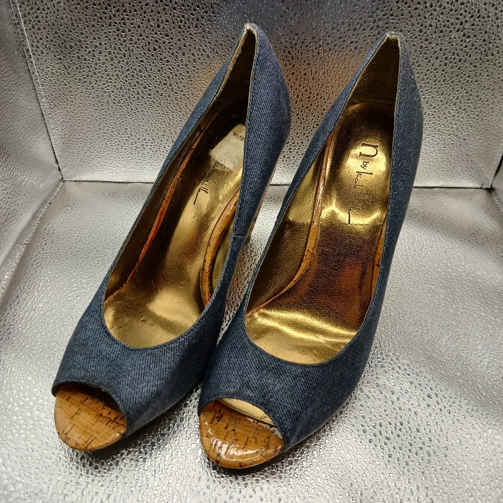 Nicole Miller Blue Denim Peep Toe Wedges Women's Size 10 - Picture 3 of 8